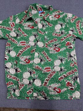 On Shore Mens Green Hawaiian Pineapple Ukulele Print Short Sleeve Shirt M